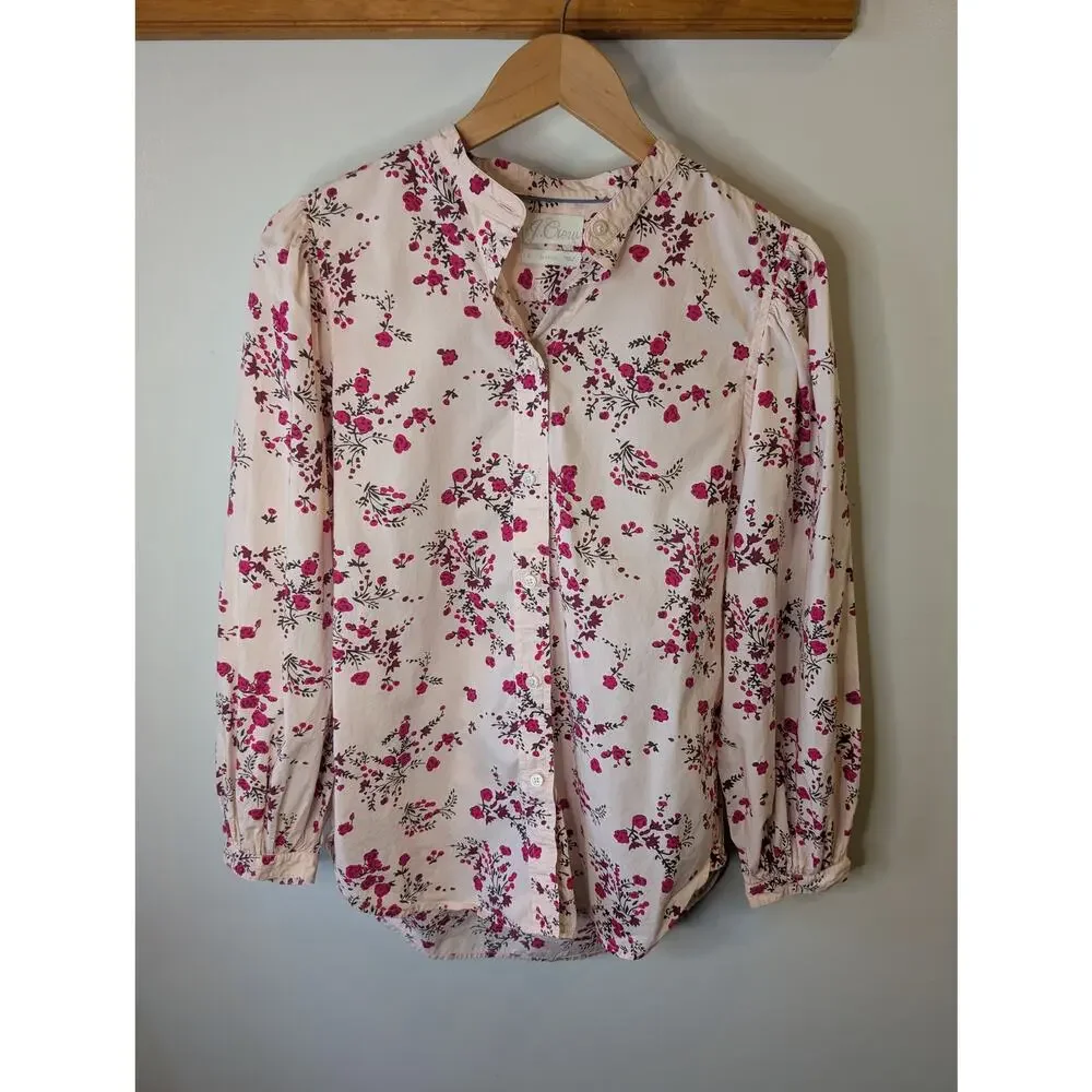 J.Crew Collarless Puff Sleeve Shirt Budding Floral Blush Pink Size 8